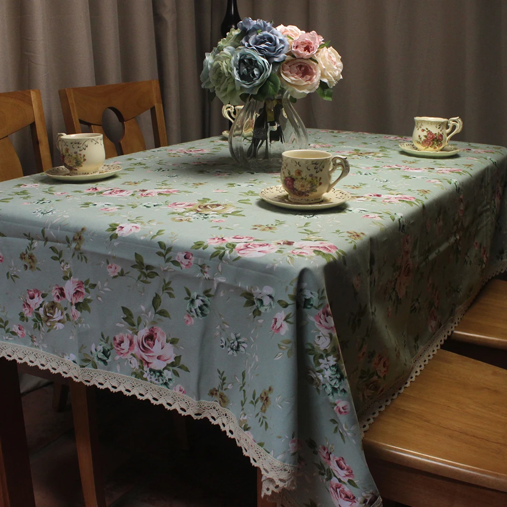 

CURCYA Green Table Cloth Pastoral Rose Flowers Printed Cotton Table Cover Thick Dustproof Store Home Decorative Tablecloths