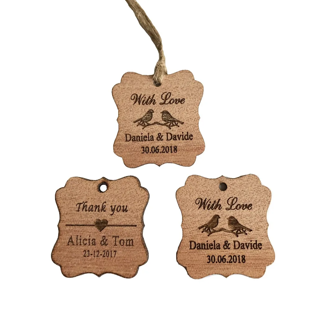 

100pcs Personalized Thank You With Love Wedding Tags Engraved Wooden Tags Wedding Favor Tag Bridal Show decoration+jute