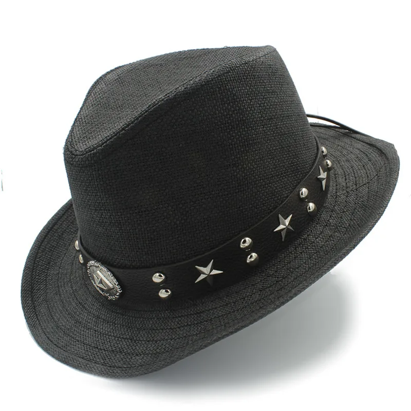 Мужская летняя соломенная ковбойская шляпа Sombrero Billycock в стиле панк с поясом