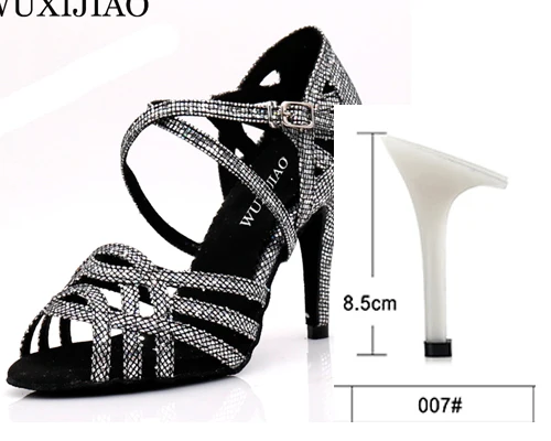 black heel 8.5cm WUXIJIAO Women Party Dance Shoes Satin Shining rhinestones Soft Bottom Latin Dance Shoes Woman Salsa Dance Shoes heel5CM-10CM - Цвет: black heel 8.5cm