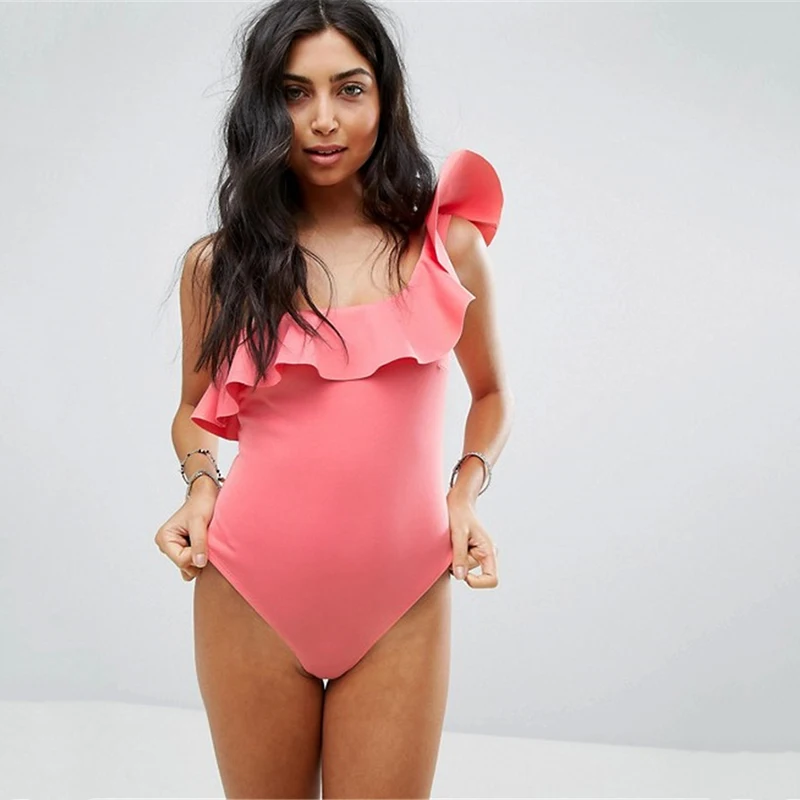 2019 Mujer Biquinis Купальник на одно плечо рюшами Однотонный женский купальник Мягкий