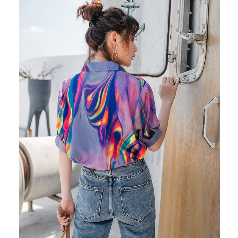 Женская блузка с голографическим принтом Cheerart цветная рубашка коротким рукавом