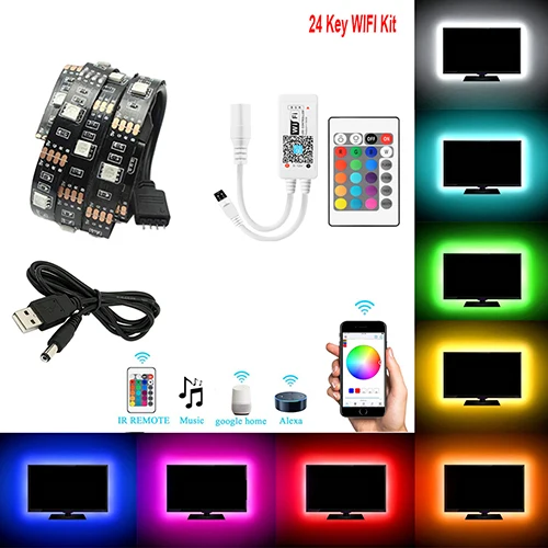 WIFI Kit 5 В USB Светодиодная лента 5050 60 Светодиодный/M смещение HD tv задний свет 24Key Дистанционное подключение к смартфону по WIFI RGB контроллер 1 м 2 м 5 м ТВ Светодиодная лента - Испускаемый цвет: WIFI Kit