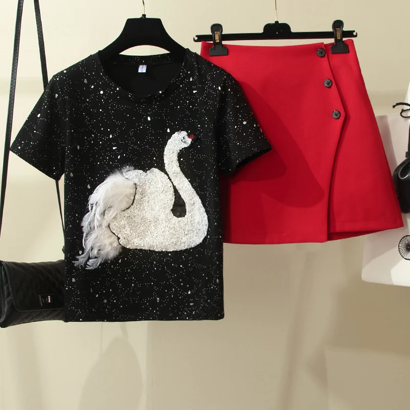 Женский комплект с юбкой из 2 предметов футболка и красная юбка разрезом юбки