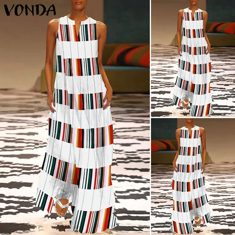 VONDA, женское Полосатое клетчатое платье,, сексуальное, без рукавов, из кусков, v-образный вырез, макси, длинное платье, праздничное, повседневное, свободное, Vestidos размера плюс