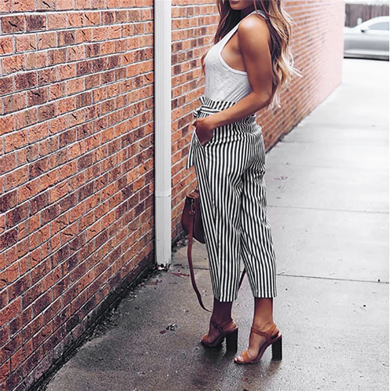 Women Pants 2019 Summer New High Waist Harem Ladies Elegant Bowtie Elastic Fashion Striped Casual Long #J22 | Женская одежда