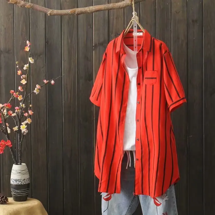 Женская свободная рубашка в японском стиле блузка полоску красного желтого и