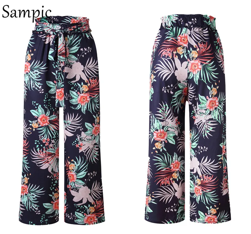 Sampic широкие брюки с высокой талией женские свободные пляжные Boho женские брюки повседневные брюки с цветочным принтом розовые пояса летние длинные брюки