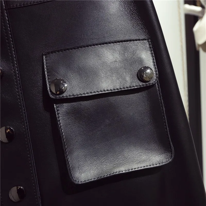 Top Quality Genuine Leather Womens Knee Length Skirts High Waist Single Breasted Pockets Office Ladies Sheepskin A-Line Skirts