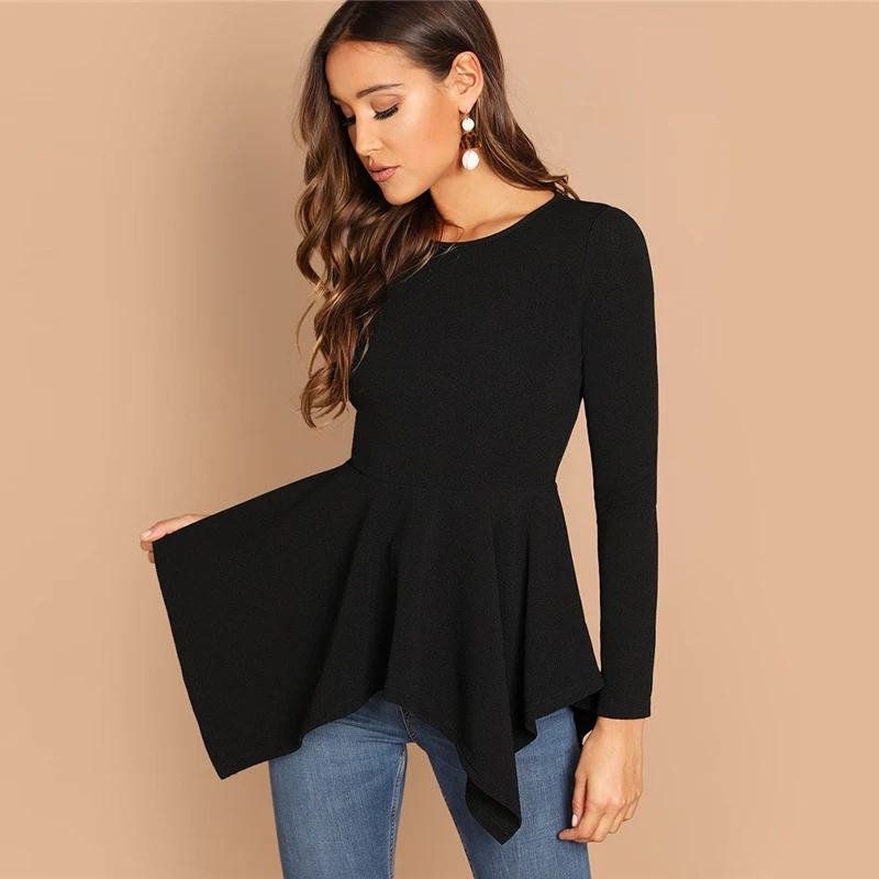 SHEIN Однотонный Топ С Асимметричным Низом И Молнией Женская Черная Классическая Блузка С Длинными Рукавами