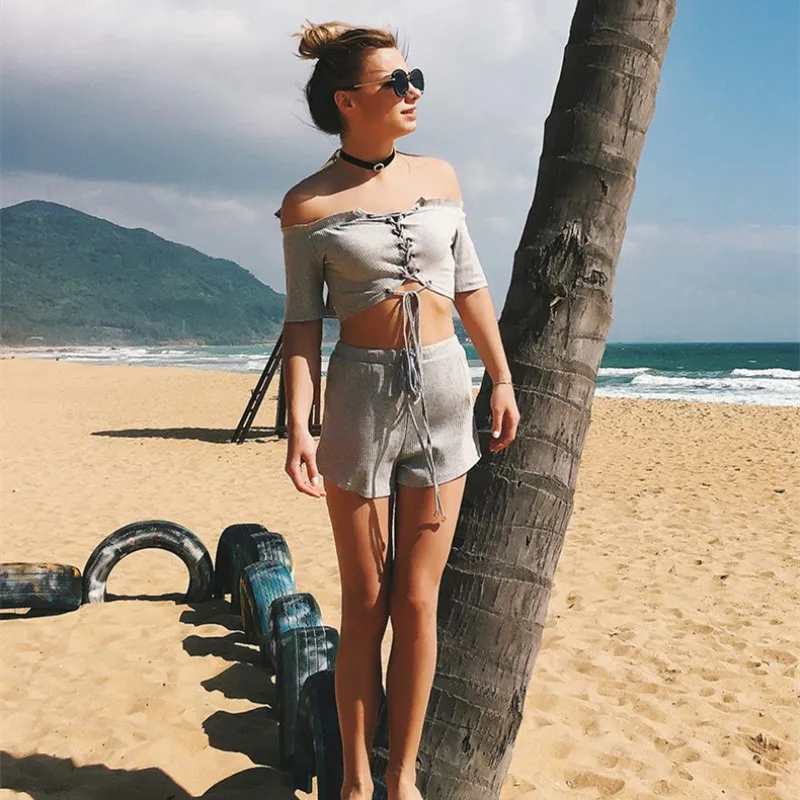 Комплект из двух предметов летняя одежда для женщин 2019 ребристая горловина топ и