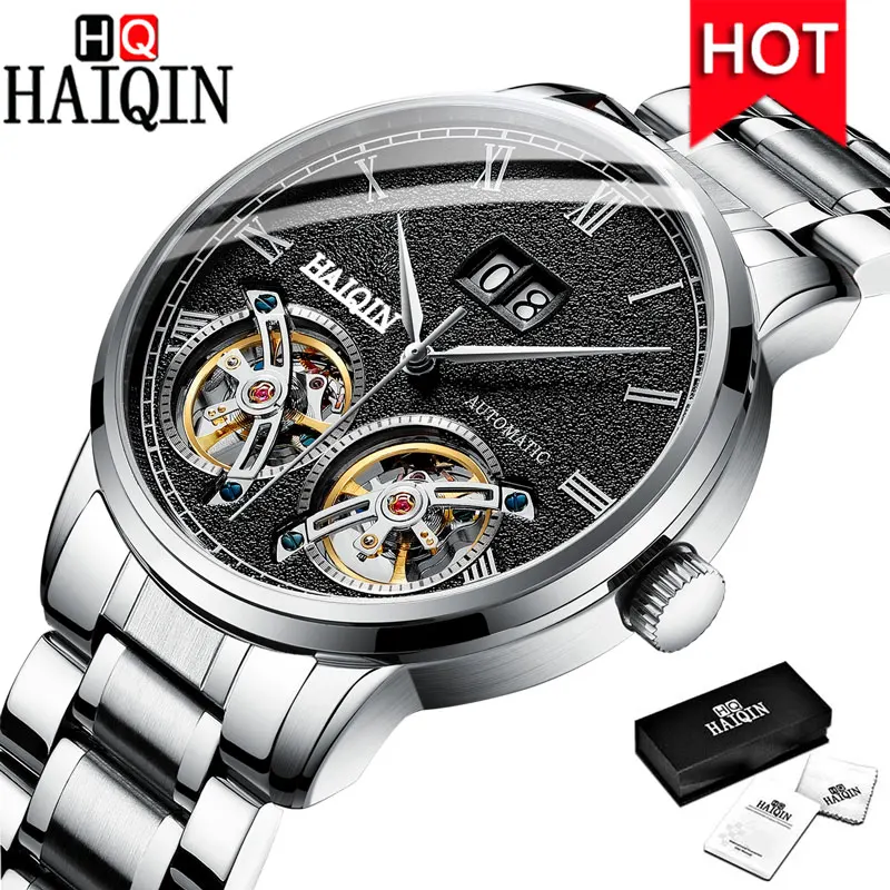 S Silver Black HAIQIN мужские часы, мужские часы, новинка, Роскошные водонепроницаемые модные спортивные/Автоматические/механические/Золотые/Военные/мужские часы - Цвет: S Silver Black