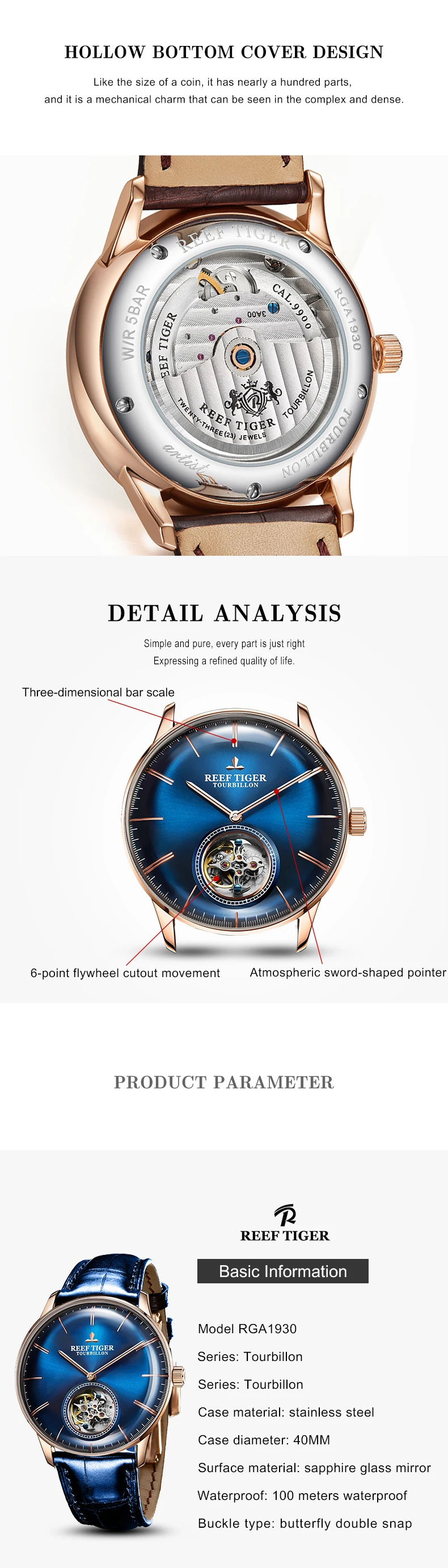 Риф Тигр/RT роскошный бренд Tourbillon механические часы для мужчин розовое золото кожаный ремешок часы водонепроницаемый Montre Homme RGA1930