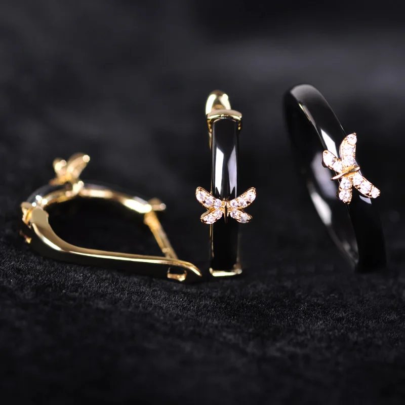 Роскошные Черные Керамические Серьги и Кольцо Набор Для Женщин Кубического