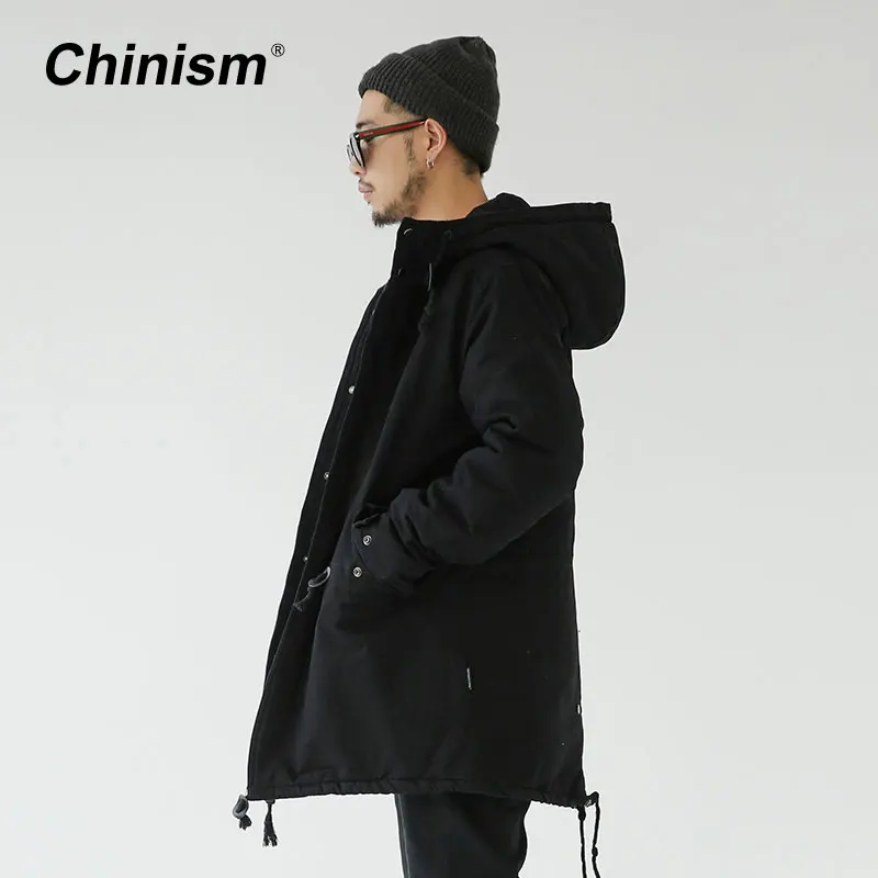 CHINISM зимнее классическое черное длинное пальто с капюшоном мужская повседневная