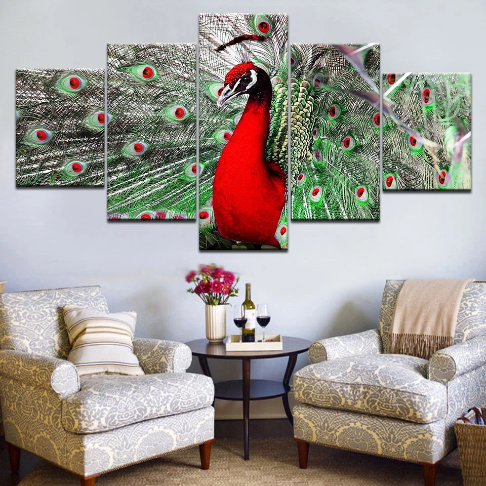 Модульная HD принты картины на холсте Wall Art Home Decor 5 шт. красный павлин Плакаты
