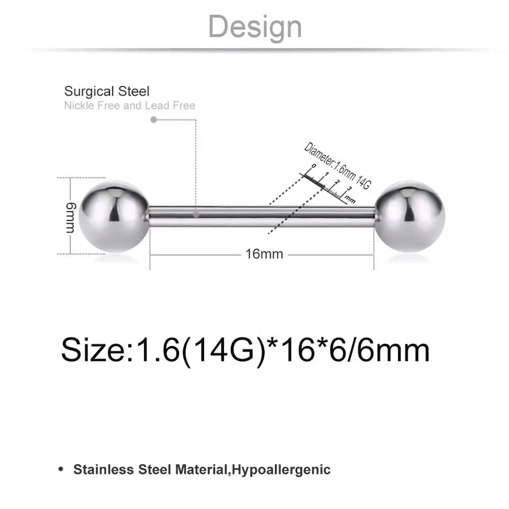 16mm length 1 шт. штанга нержавеющая сталь ровный шар кольцо-пирсинг в язык Штанги язык бар для соска в форме штанги женские пирсинг ювелирные изделия SD08 - Окраска металла: 16mm length