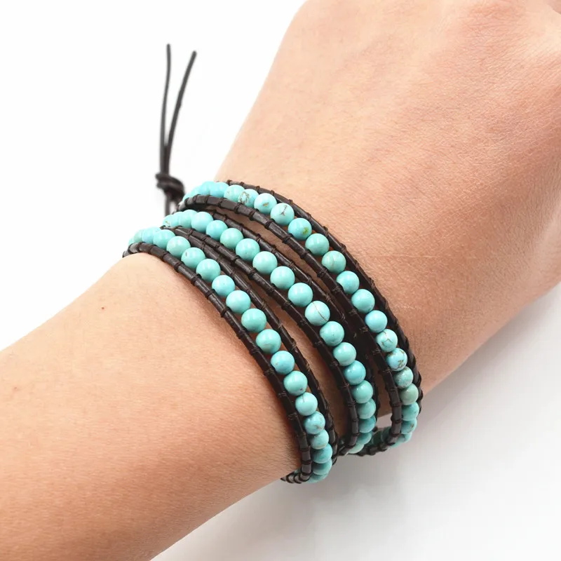 Women Boho Bracelet Vintage Leather Wrap Semi Precious Stone Beaded Cuff Girl's Gift Dropship | Украшения и аксессуары