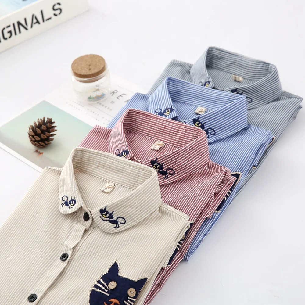 Фото Spring New Collection Cotton Blouse Long Sleeve Striped Shirt With Cat Embroidered Женская одежда Spring New Collection Cotton Blouse Long Sleeve Striped Shirt With Cat Embroidered Женская одежда