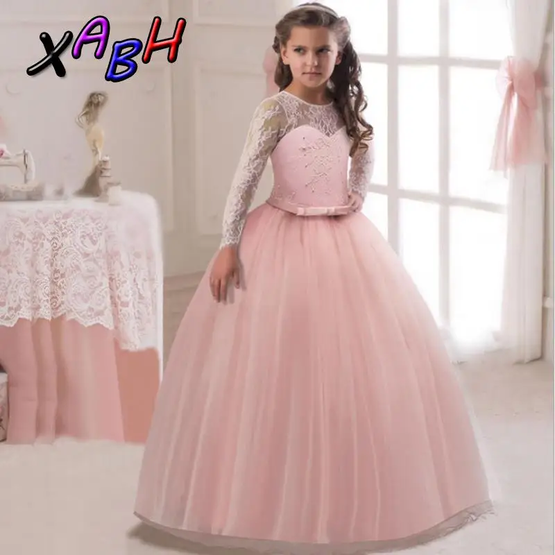 XABH Girls Lace Long Sleeve Gown Dress Children's Flower Girl Wedding Pageant Ball Gowns Kids Fancy Costume | Детская одежда и