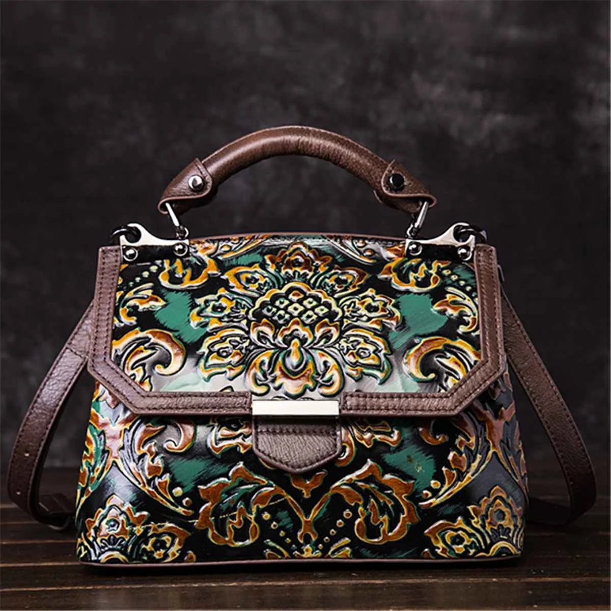 Зеленый AEQUEEN Women Genuine Leather Handbag Embossed Luxury Bags Vintage Cowhide Leather Top Handle Bag Messenger Shoulder Tote Purse - Цвет: Зеленый