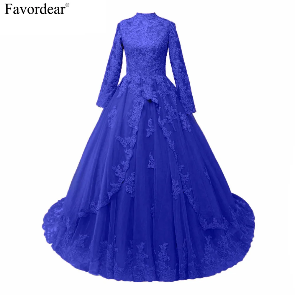 Favordear 2018 muslim evening dress kaftan dubai Evening Dresses Lace Appliques Ball Gown Long Sleeve Muslim Dress | Свадьбы и