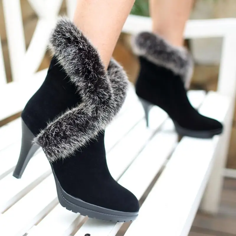 Fashion Lady Women Ankle Boots Rabbit Fur Upper Decoration Prom Party Wedding Shoes High Heels Platform Spring Autumn | Обувь