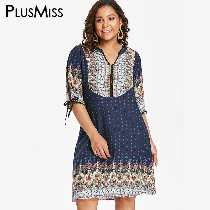 PlusMiss плюс размеры этническим принтом Boho открытыми плечами свободное платье XXXXL XXXL XXL для женщин большой в