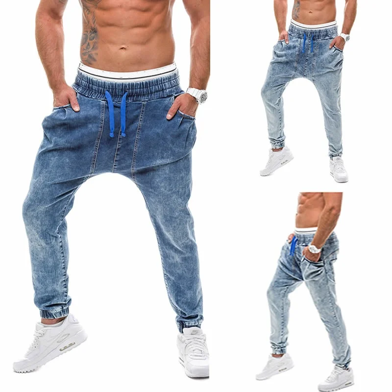 Обтягивающие джинсы синие в стиле хип-хоп Длинные Стрейчевые Hombre Slim Fit Модные