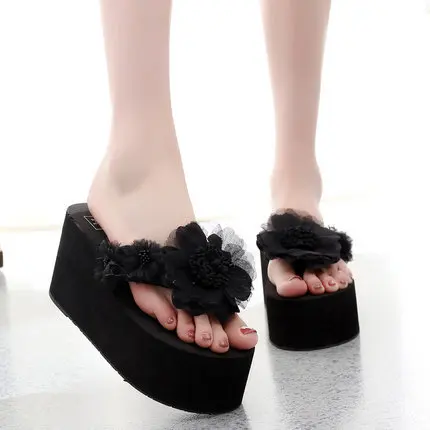 black 8cm style2 Женские шлепанцы на танкетке и высоком каблуке Женская обувь г. Новые модные летние пляжные сандалии красного цвета с толстой подошвой вьетнамки - Цвет: black 8cm style2