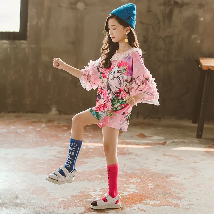 Cute Long T shirts Petals Collar Lace Sleeve Flower Print Cartoon Cat Summer Girls Clothing Dress 4 to 15 years | Детская одежда и