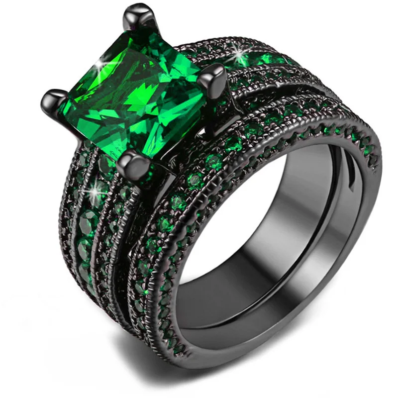 Womens Ring Набор женских квадратных колец из черного золота с кубическим цирконием, мужское кольцо из нержавеющей стали зеленого цвета из углеродного волокна - Цвет основного камня: Womens Ring