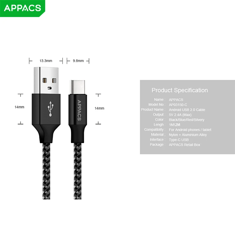 APPACS 2 шт USB Type C кабель 2.4A для быстрой зарядки Samsung S8 Huawei P10/9 Xiaomi передачи данных 1 м