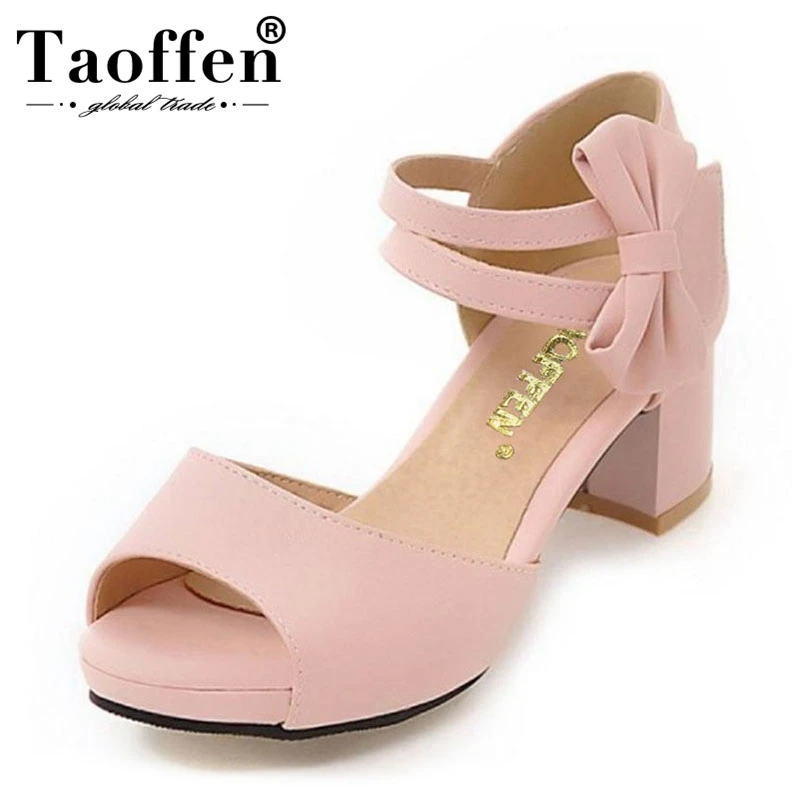 TAOFFEN Plus Size 31-47 Women Shoes Sandals Squared Heels Bowtie Bowknot Ankle Strapped Peep Toe Casual Fashion Footwear | Обувь