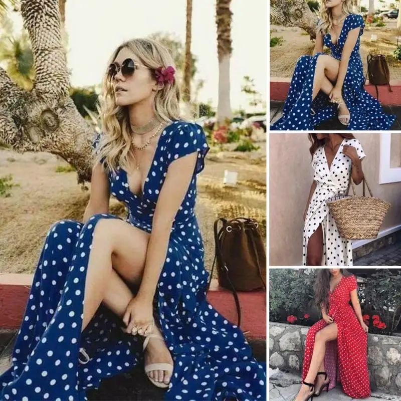 Летнее женское длинное платье красно-белая точка для пляжа макси вечернее