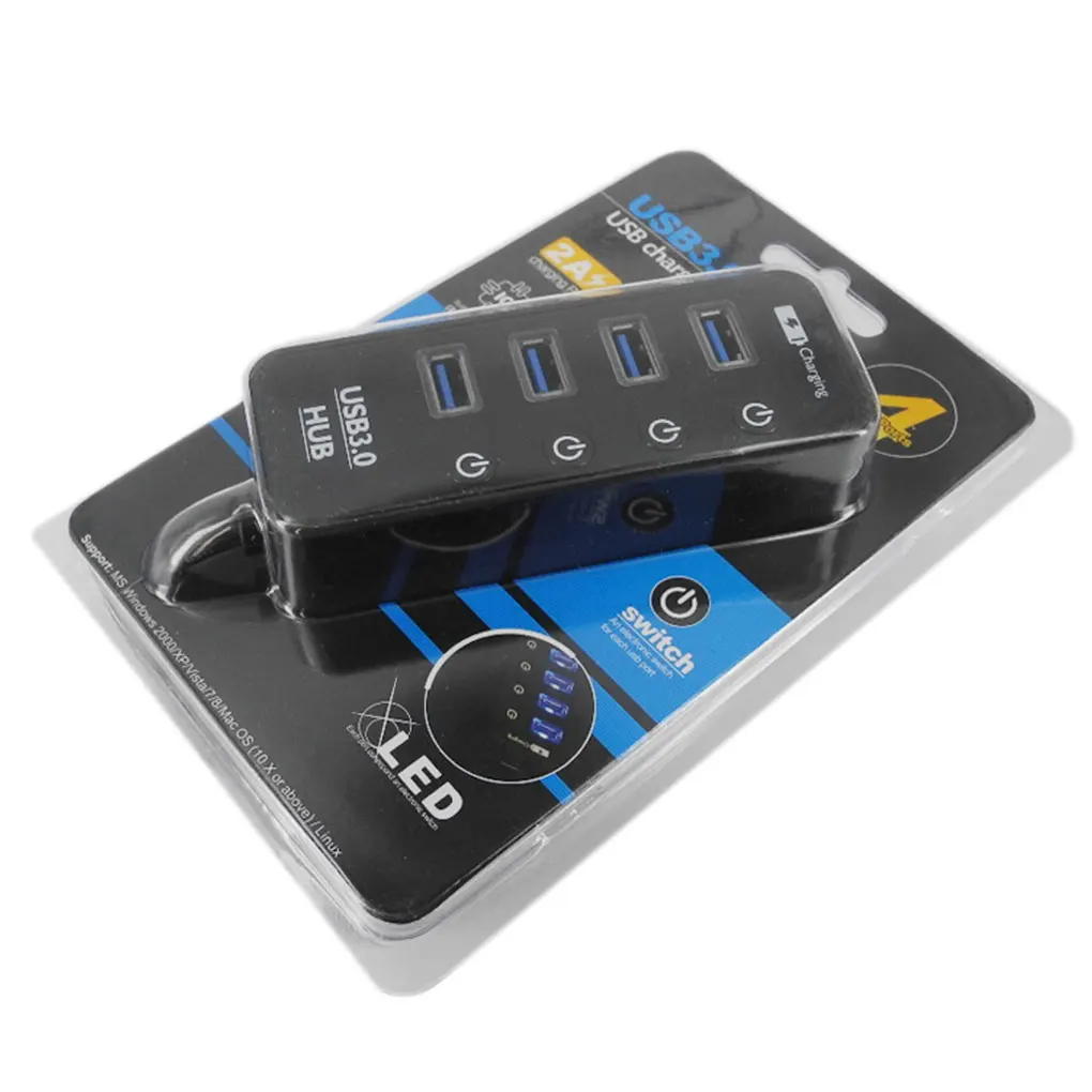 

USB3.0 4 Port Splitter LED Indicator Lights Switch Phone 2.4A/1A Charging Adapter USB Hub Short Circuit Protection