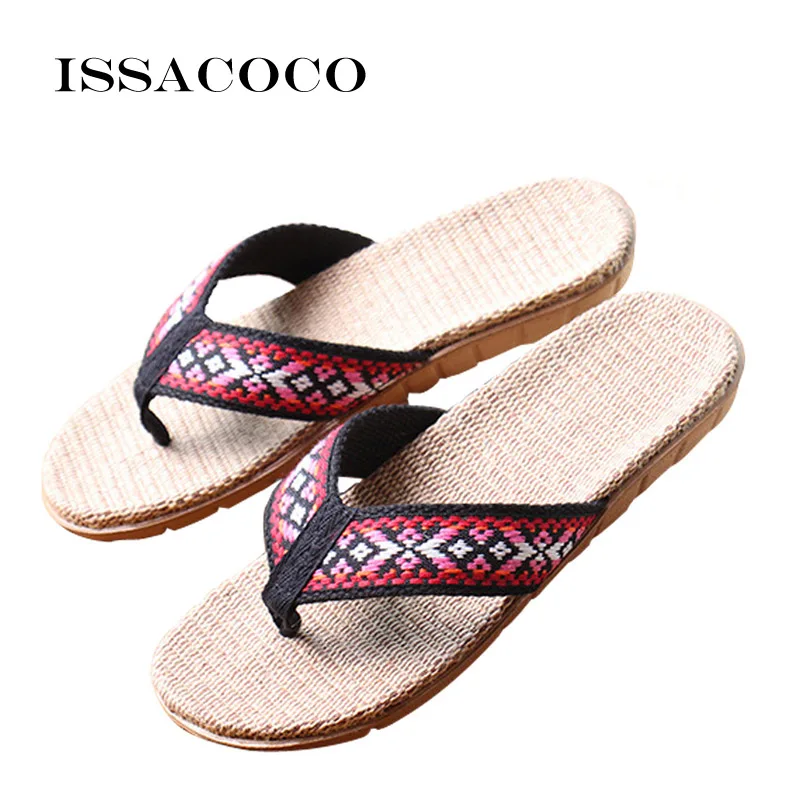 ISSACOCO 2020 Women's Linen Flip Flops Slippers Women Flat Indoor Hemp Non-slip Flax Beach Flop | Обувь