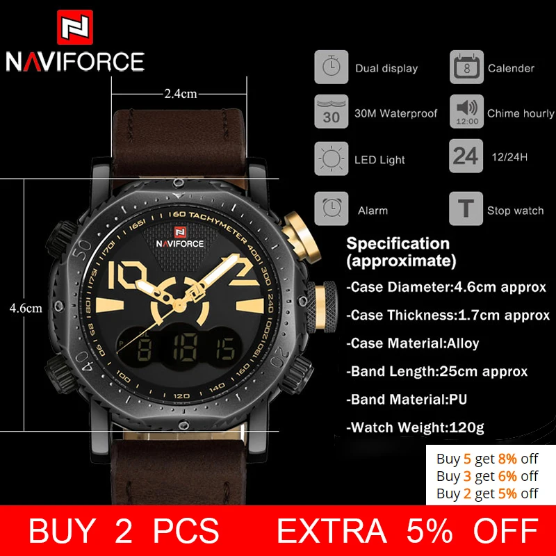 NAVIFORCE Брендовые мужские спортивные часы с двойным дисплеем мужские часы светодиодный цифровой аналоговый часы Оранжевые кварцевые часы 30 м водонепроницаемые мужские часы