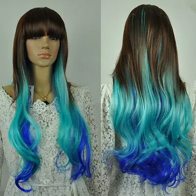 Длинные вьющиеся смесь цвет коричневый синий косплей костюм синтетический аниме