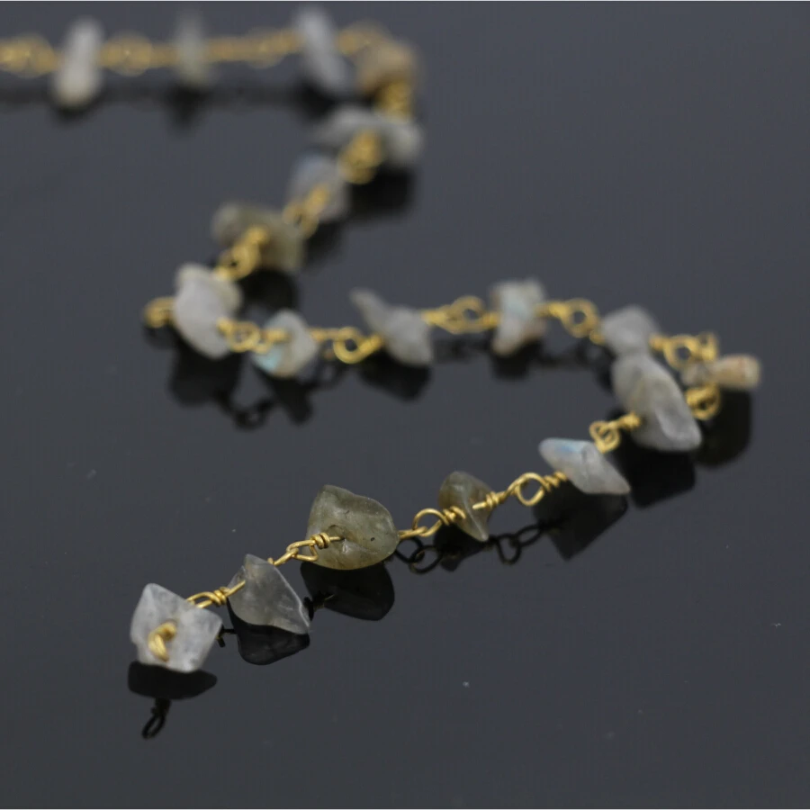 

5Meter,Wholesale DIY Brass Wire Wrapped Rosary style Chain,Natural Labradorite Chip Beads Nugget Chain Necklace Jewelry Findings