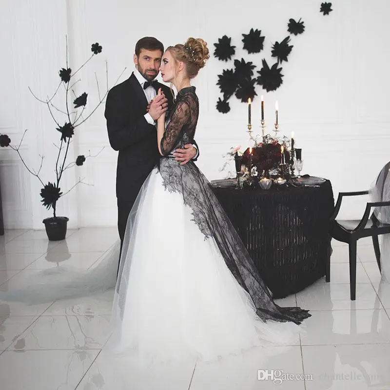 Новый дизайн Белое и черное свадебное платье уникальное 2021 кружевное с высоким