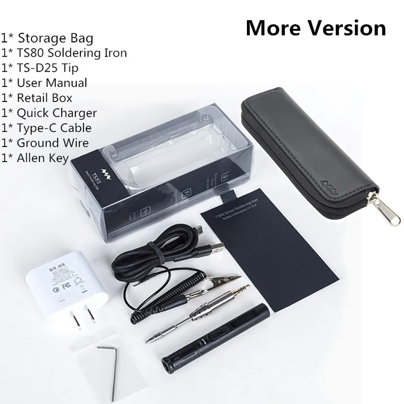 More Version and Bag Мини TS80 цифровая паяльная станция QC3.0 usb type-C OLED встроенный чип STM32+ наконечники и портативный чехол для хранения - Цвет: More Version and Bag