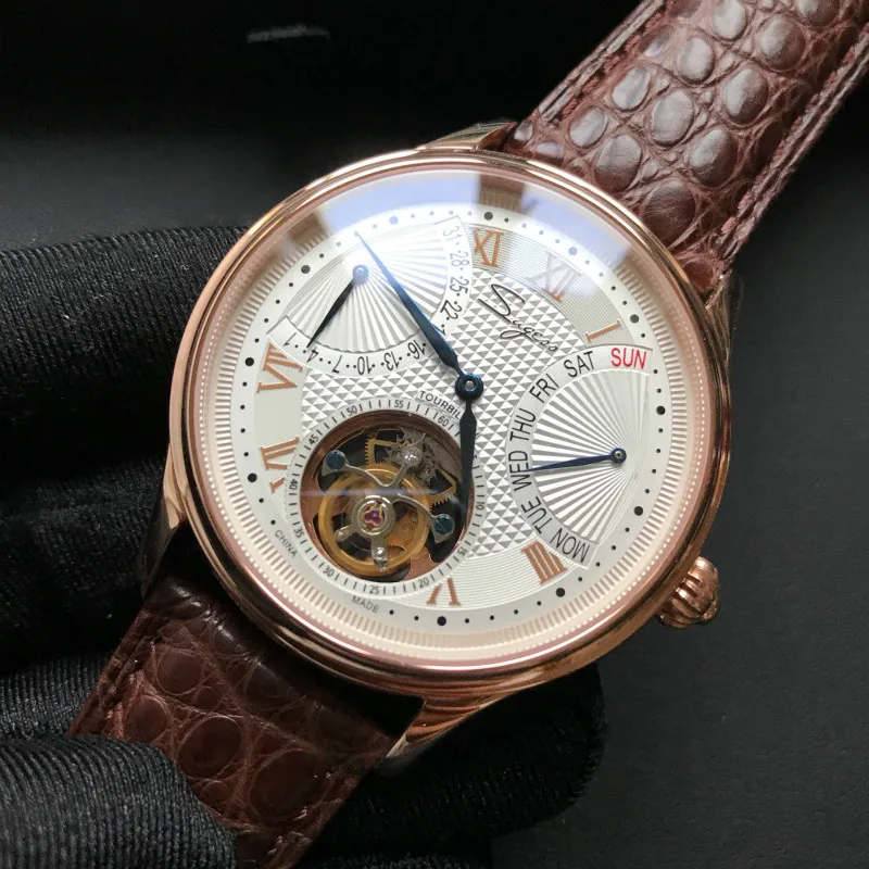 Роскошные часы ST8004 Tourbillon, мужские часы из крокодиловой кожи с календарем, дисплеем недели, мужские механические часы с ручным заводом, водонепроницаемые часы 5ATM