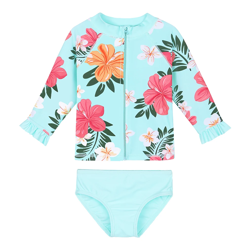 

BAOHULU Long Sleeve Cyan Floral Baby Kids Swimwear Girls UPF50+ Children Swimming Suits Toddler Girl Rash Guards