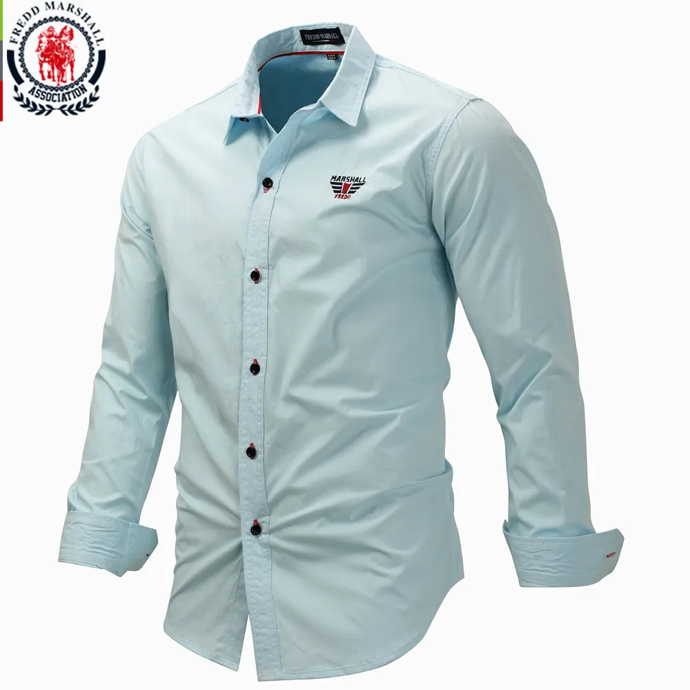 118 Light Blue Fredd Marshall, новинка, модные мужские однотонные рубашки с длинным рукавом и вышивкой, мужская приталенная рубашка, деловые рубашки, 3XL 118 - Цвет: 118 Light Blue