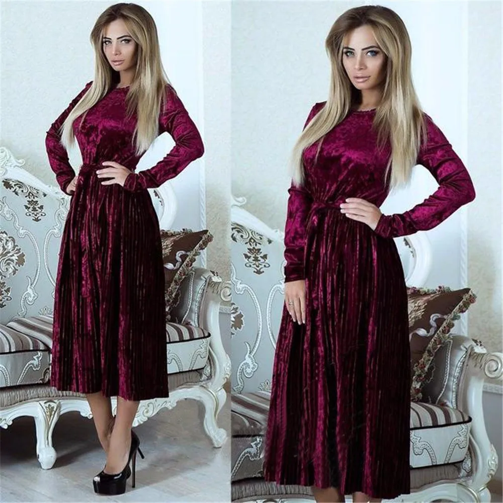 VITIANA Women Maxi Long Casual Velvet Dress Female Autumn Green Blue Sleeve Winter Vintage Elegant Pleated Party Dresses|Женские платья|
