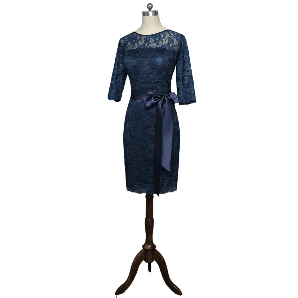 Navy Blue Mother Of The Bride Dresses Sheath 3/4 Sleeves Lace Bow Plus Size Short Formal Groom Dress For Wedding | Свадьбы и