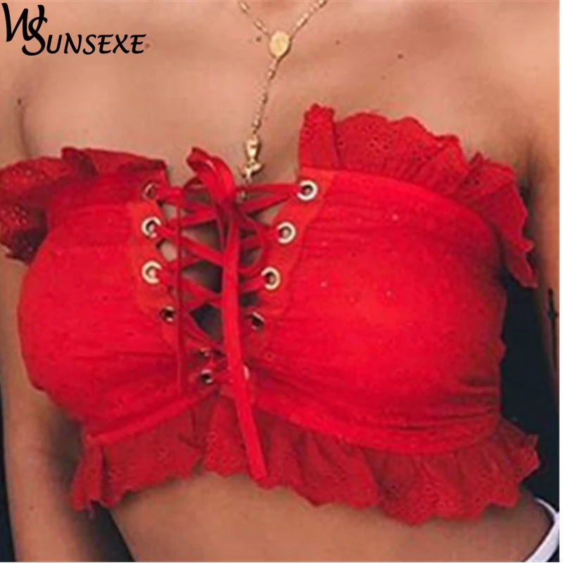 Кроп-топ с оборками и открытыми плечами на шнуровке лето 2018 сексуальный женский