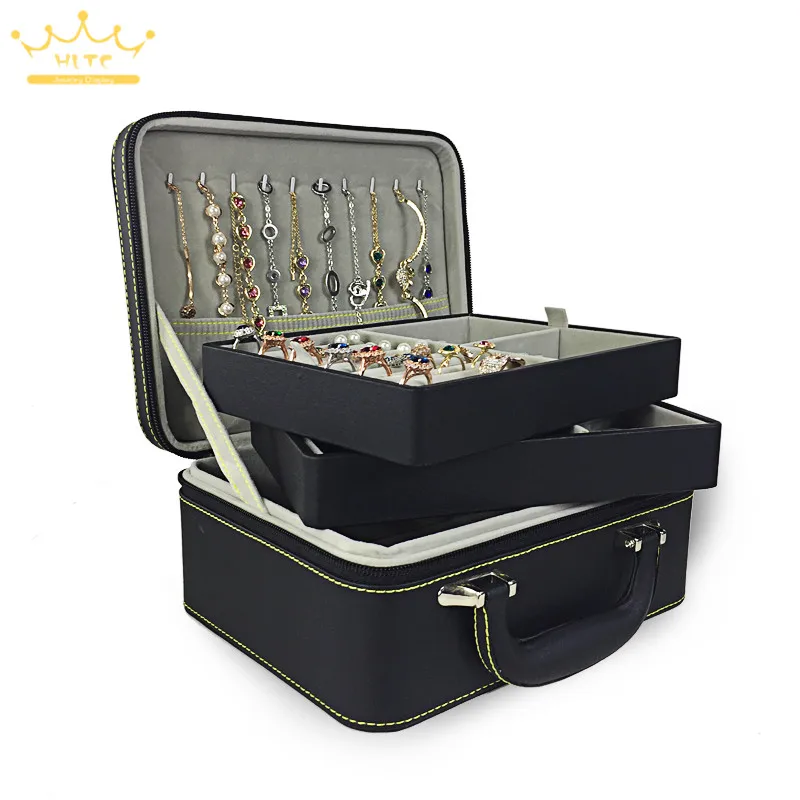 1pc PU leather double jewellery with zipper storage box multilayer earrings necklace bracelet ring jewelry | Украшения и