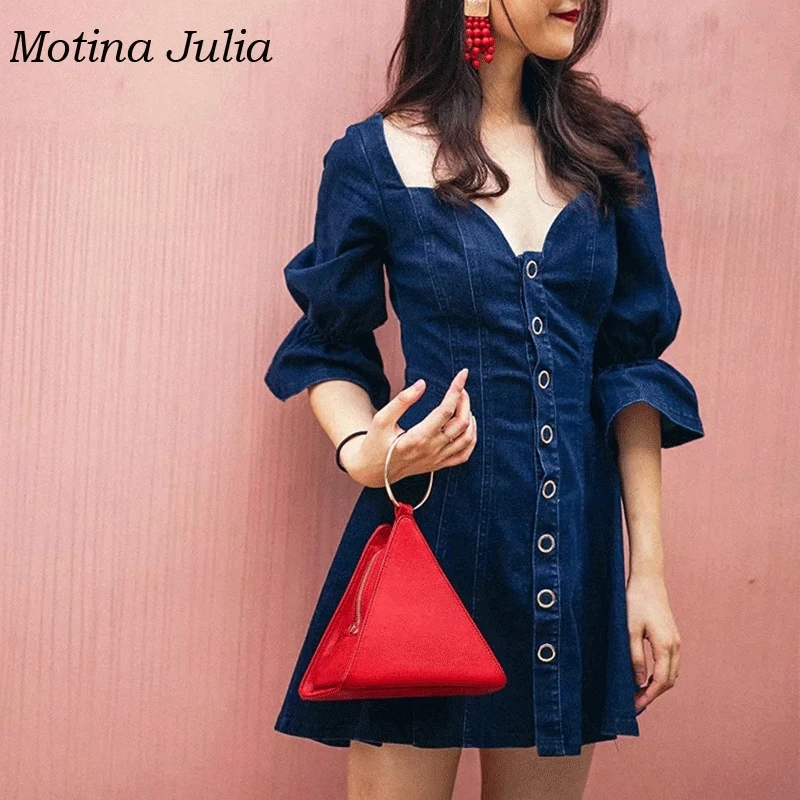 Motina Julia потертое джинсовое платье для женщин 2019 летнее Мини с квадратным вырезом
